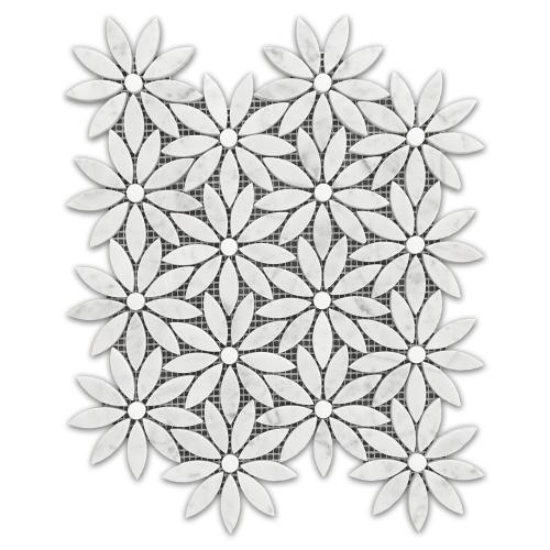 Carrara White Marble With Bianco Dolomite Accent Daisy Flower Waterjet Mosaic Tile Honed