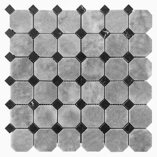 Bardiglio Gray Marble Octagon with Nero Marquina Black Dots Mosaic Tile Honed