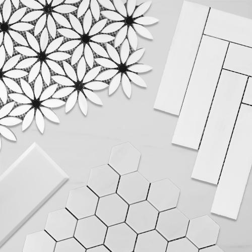Bianco Dolomite Marble With Nero Marquina Black Accent Daisy Flower Waterjet Mosaic Tile Polished