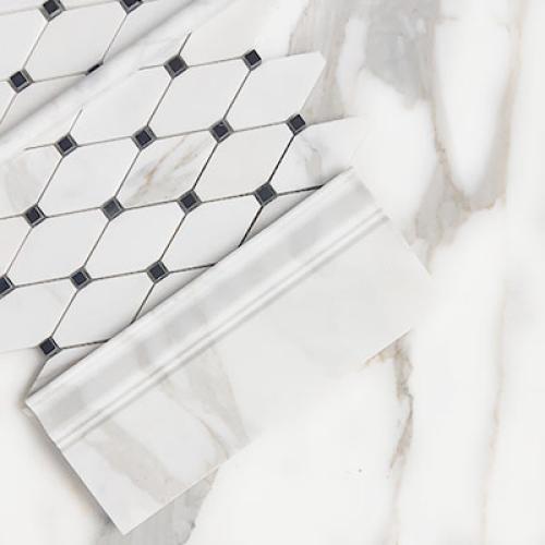 Calacatta Gold Italian Marble Long Octagon Rhomboid Mosaic Tile with Black Dots Polished