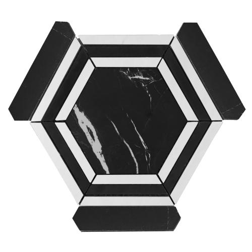 Nero Marquina Black Marble Hexagon with Bianco Dolomite Strips Mosaic Tile Polished