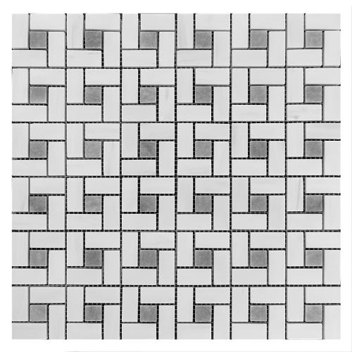 Bianco Dolomite Marble Target Pinwheel Mosaic Tile with Bardiglio Gray Dots Honed