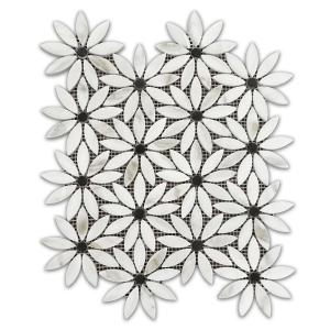 Calacatta Gold Italian Marble with Nero Marquina Black Accent Daisy Flower Waterjet Mosaic Tile Polished