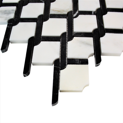 Calacatta Gold Marble Marbella Lynx Rope Design with Nero Marquina Black Strips Mosaic Tile Honed