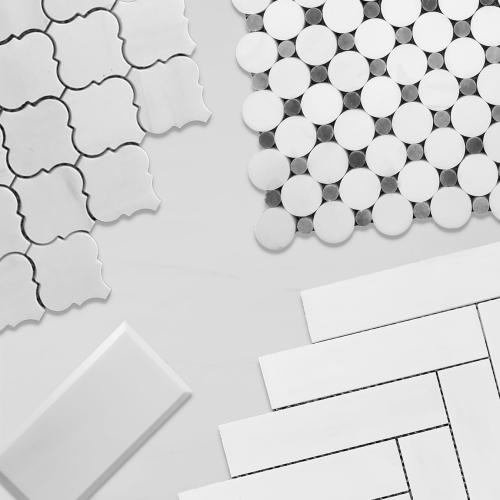Bianco Dolomite Marble Penny Circles Mosaic Tile with Bardiglio Gray Circles Polished