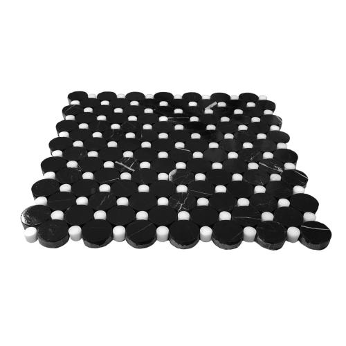 Nero Marquina Black Marble Penny Circles Mosaic Tile with Dolomite Honed