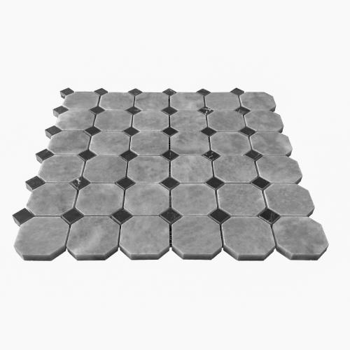 Bardiglio Gray Marble Octagon with Nero Marquina Black Dots Mosaic Tile Honed