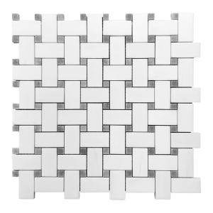 Bianco Dolomite Marble Basketweave Mosaic Tile with Bardiglio Gray Dots Honed