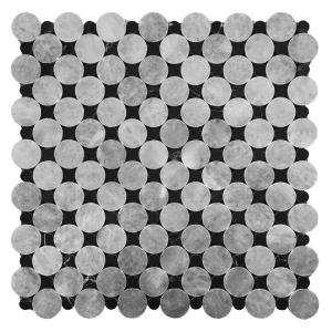 Bardiglio Gray Marble Penny Circles Mosaic Tile with Nero Marquina Black Circles Polished