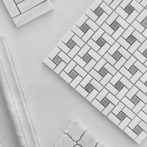 Bianco Dolomite Marble Target Pinwheel Mosaic Tile with Bardiglio Gray Dots Honed