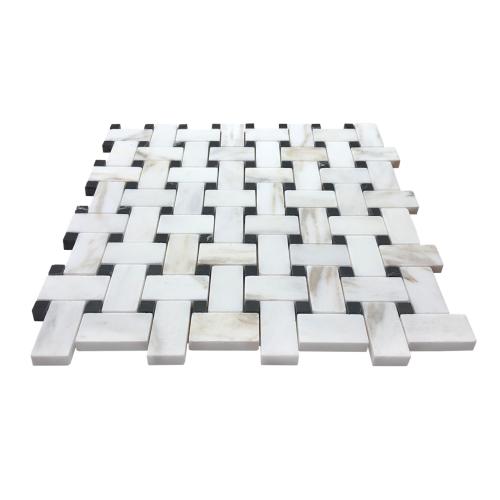 Calacatta Gold Italian Marble Basketweave Mosaic Tile with Black Dots Polished