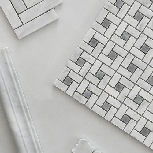Carrara White Italian Marble Target Pinwheel Mosaic Tile with Bardiglio Gray Dots Honed