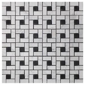 Carrara White ItalianMarble Target Pinwheel Mosaic Tile with Nero Marquina Black Dots Honed