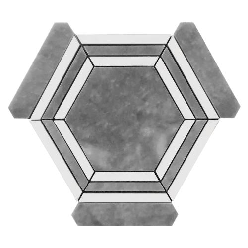 Bardiglio Gray Marble Hexagon with Bianco Dolomite Strips Mosaic Tile Honed