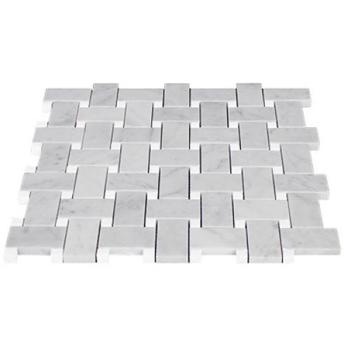 Carrara White Italian Marble Basketweave Mosaic Tile with White Thassos Dots Polished