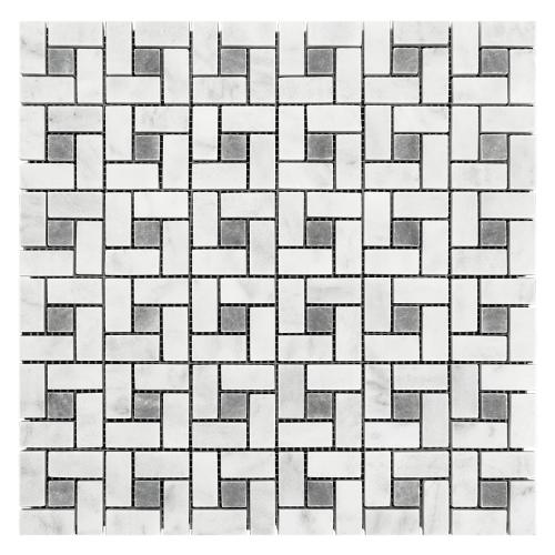 Carrara White Italian Marble Target Pinwheel Mosaic Tile with Bardiglio Gray Dots Honed