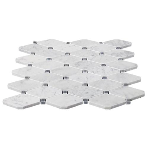 Carrara White Italian Marble Long Octagon Rhomboid Mosaic Tile with Bardiglio Gray Polished