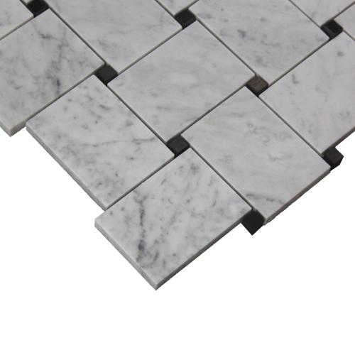 Carrara White Italian Marble Large Basketweave Mosaic Tile with Nero Marquina Black Dots Honed