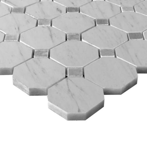 Carrara White Italian Marble Octagon with Bardiglio Dots Mosaic Tile Polished