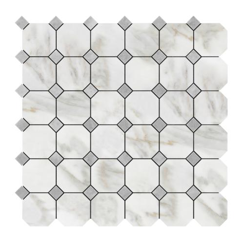 Calacatta Gold Marble Octagon with Bardiglio Dots Mosaic Tile Honed
