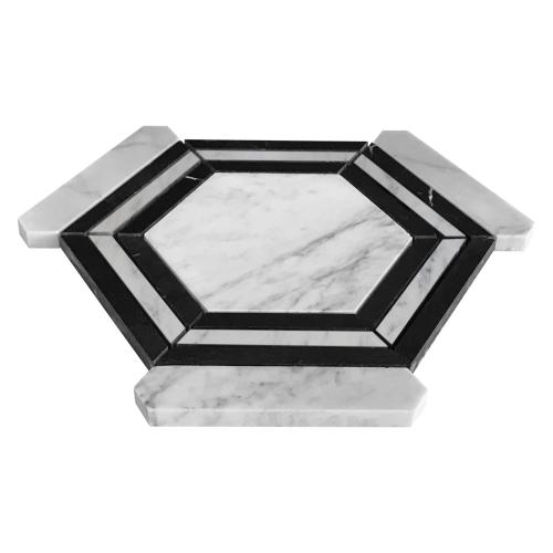 Carrara White Italian Marble Hexagon with Nero Marquina Black Strips Mosaic Tile Polished