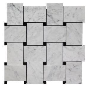 Carrara White Marble Large Basketweave Mosaic Tile with Nero Marquina Black Dots Polished