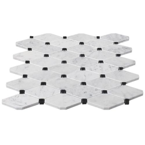 Carrara White Italian Marble Long Octagon Rhomboid Mosaic Tile with Nero Marquina Black Dots Honed