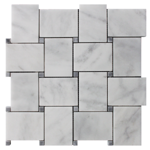 Carrara White Italian Marble Large Basketweave Mosaic Tile with Bardiglio Gray Dots Honed