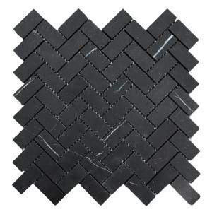 Nero Marquina Black Marble 1" x 2" Herringbone Mosaic Tile Polished
