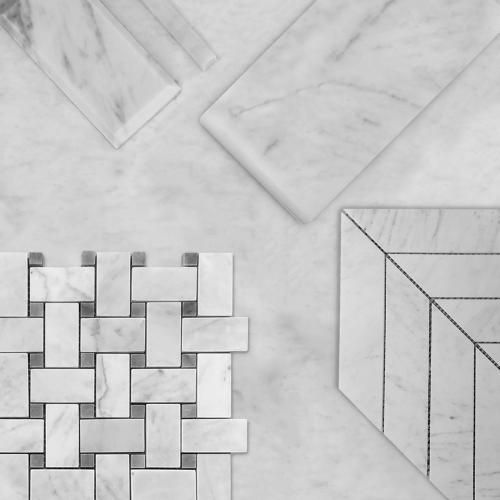 Carrara White Marble Basketweave Mosaic Tile with Bardiglio Gray Dots Honed