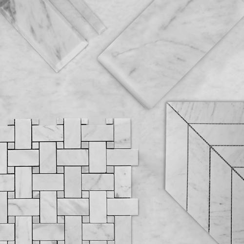 Carrara White Italian Marble Basketweave Mosaic Tile with Carrara Dots Polished