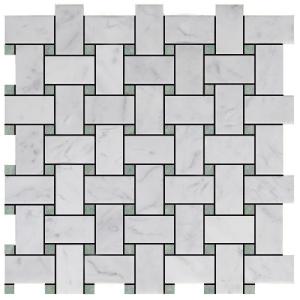Carrara White Italian Marble Basketweave Mosaic Tile with Green Dots Honed