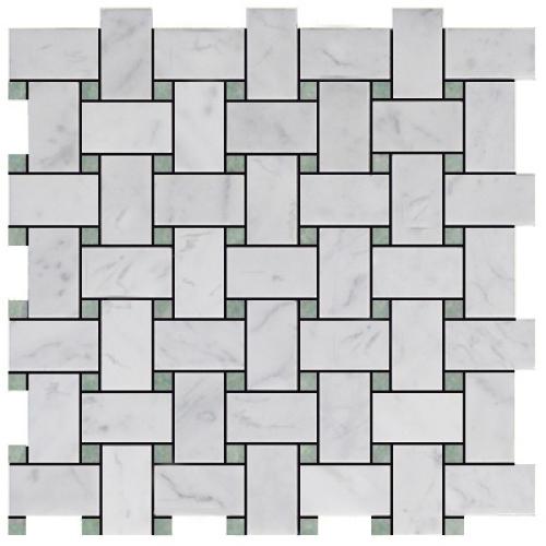 Carrara White Italian Marble Basketweave Mosaic Tile with Green Dots Honed