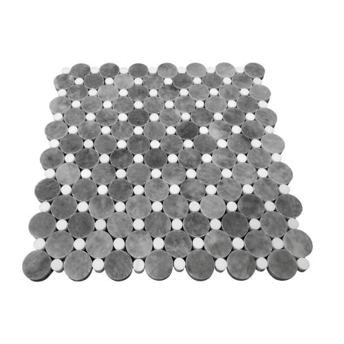 Bardiglio Gray Marble Penny Circles Mosaic Tile with Bianco Dolomite White Circles Honed