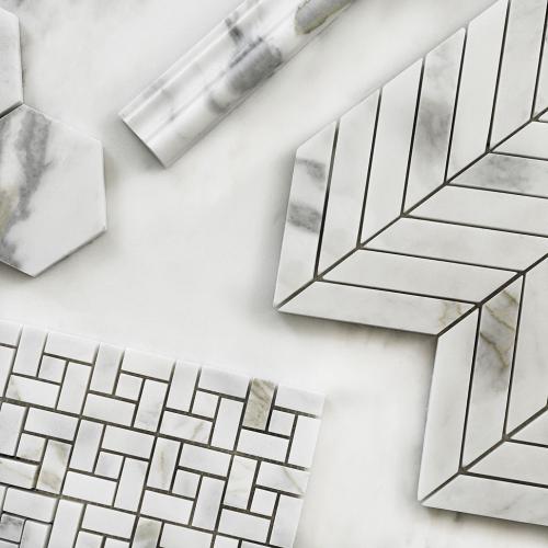 Calacatta Gold Marble Target Pinwheel Mosaic Tile with Calacatta Gold Dots Honed