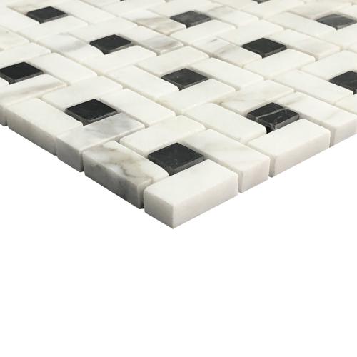 Calacatta Gold Italian Marble Target Pinwheel Mosaic Tile with Black Dots Honed