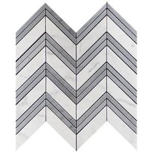 Carrara White Italian Marble Chevron Mosaic Tile with Bardiglio Gray Strips Polished