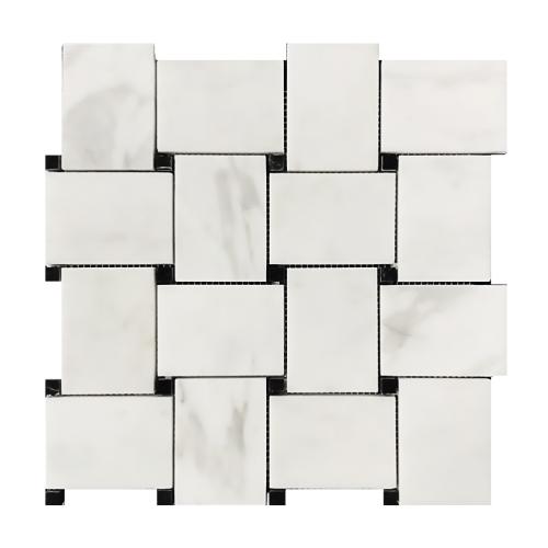 Calacatta Gold Italian Marble Large Basketweave Mosaic Tile with Nero Marquina Black Dots Honed