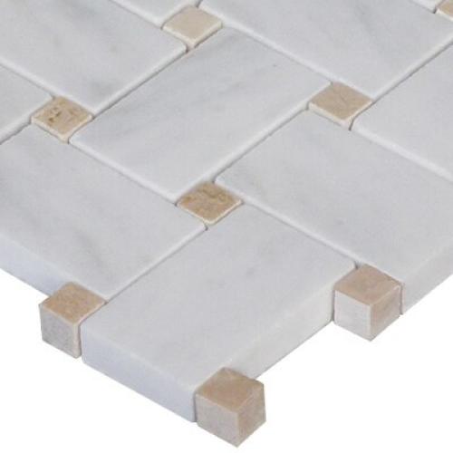 Carrara  White Italian Marble Basketweave Mosaic Tile with Crema Marfil Dots Honed