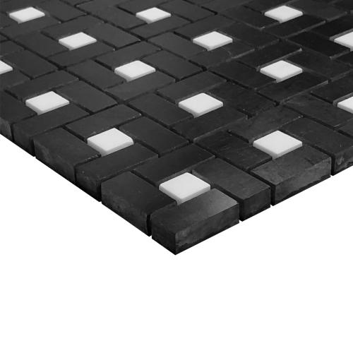 Nero Marquina Black Marble Target Pinwheel Mosaic Tile with Bianco Dolomite Dots Polished
