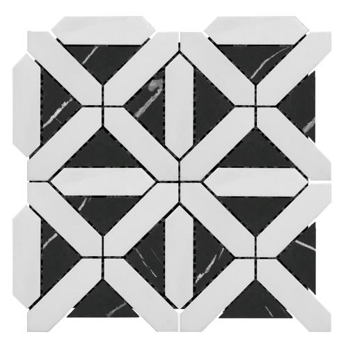 Bianco Dolomite Marble with Nero Marquina Black Triangles Geometrica Mosaic Tile Honed