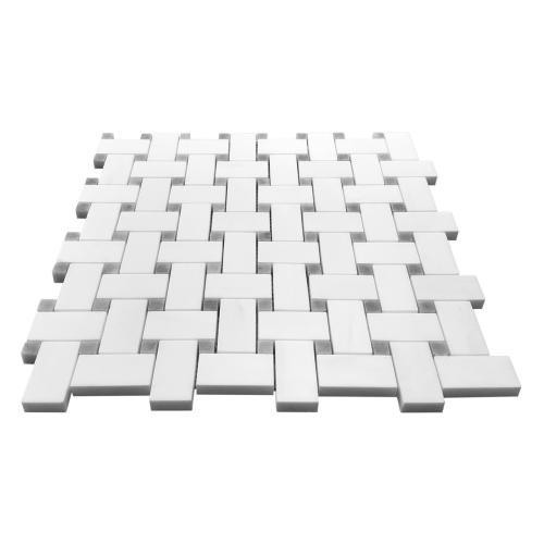 Bianco Dolomite Marble Basketweave Mosaic Tile with Bardiglio Gray Dots Polished