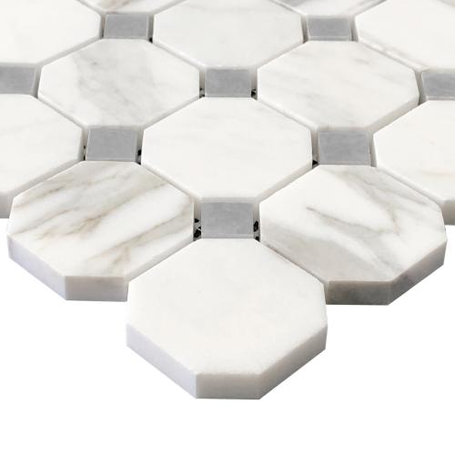 Calacatta Gold Marble Octagon with Bardiglio Dots Mosaic Tile Polished