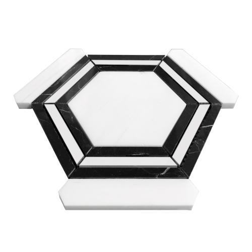 Bianco Dolomite Marble Hexagon with Nero Marquina Black Strips Mosaic Tile Polished