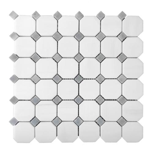 Bianco Dolomite Marble Octagon with Bardiglio Dots Mosaic Tile Polished
