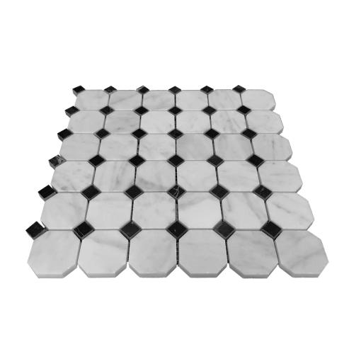 Carrara White Italian Marble Octagon Mosaic Tile with Black Honed