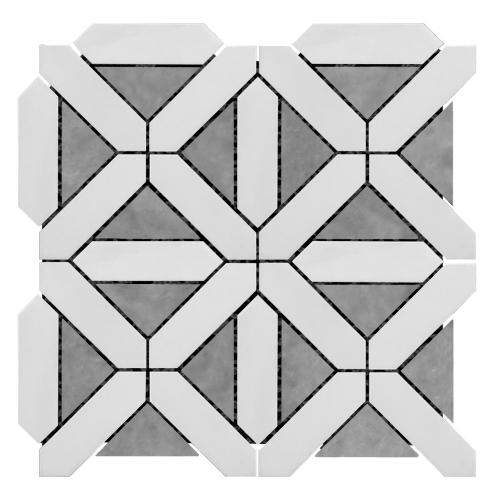Bianco Dolomite Marble with Bardiglio Gray Triangles Geometrica Mosaic Tile Honed