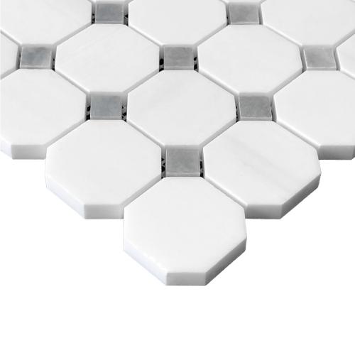 Bianco Dolomite Marble Octagon with Bardiglio Dots Mosaic Tile Polished