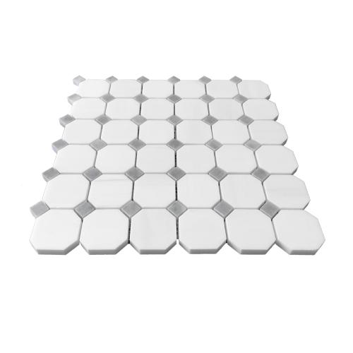 Bianco Dolomite Marble Octagon with Bardiglio Dots Mosaic Tile Polished