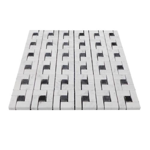 Carrara White Italian Marble Target Pinwheel Mosaic Tile with Nero Marquina Black Dots Polished